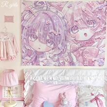 Kawaii Anime Pink Girl Tapestry – Home Decor Wall Hanging Bedroom Background Decor Cute Fashion Lady Tapestries For Living Room - T7-04-GT - 查看 3