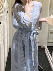 1pc Women's Bathrobe, Sleepwear, Casual Robe, Long Sleeve, Minimalist European Style, Blue Striped, Lightweight, Solid Color, Spring/Autumn - Blue and White - View 2