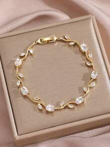 Fashionable Luxury Copper Plated 24K Gold Zirconia Leaf Bracelet, High-Quality Delicate Fully Paved Bracelet, Popular Cross-Border Seller