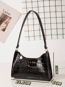 Solid Color Embossed Geometric Shoulder Bag With Zipper, Women's Shoulder Bag, Fashion Retro Zipper Bag, Casual Waterproof Handbag For Teen Girls, Women, College Students, Rookies & White-Collar Workers. Perfect For Office, Work, Business, Commute. Best Work Bag For Women., Retro Inspired Bag For Women - 黑色 - 查看 1