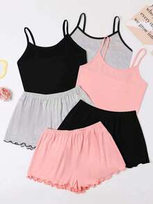 3pcs/Set Women's Minimalist Camisole & Shorts Pajama Set, Solid Color Simple Comfortable Loungewear Set, Black/Grey/Pink 6pcs, Spring/Summer - 彩色 - 查看 2