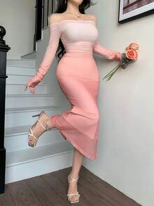 abyoxi 女士粉色渐变网纱拼接露肩长袖修身中长连衣裙，性感优雅，适合约会、派对、正式晚宴、度假、情人节、春夏等场合，紧身设计。 - 粉色 - 查看 1