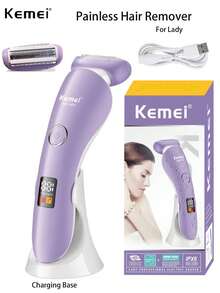 Kemei New Electric Hair Remover For Lady Painless Body Hair Removing With Charging Base KM-1539 Electric Hair Removal Device Waterproof Bikini Private Lady Shaver Leg, Underarm Body Razor For Lady Wet Or Dry - Purple - View 2