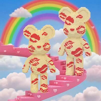 3600pcs Animal Shaped DIY Building Blocks, Pink Kissing Bear Assembly & Stacking Small Particle Building Block Set Toy, Fun Design, Suitable As Birthday, Christmas, Valentine's Day Gifts, Also Can Be Used As Party Favors, Home Or Room Decor