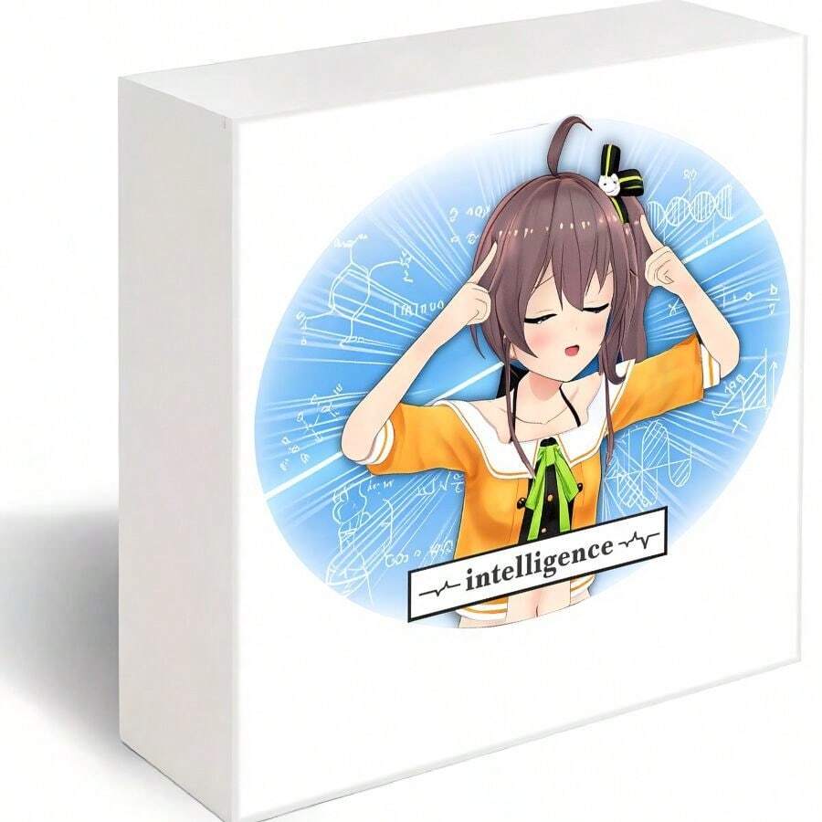Anime - Style Girl Printed Decorative Wooden Box, White Square Box With Short Brown - Haired Girl (Black & Yellow Bow, Yellow Short - Sleeve Top With White Trim, Green Ribbon) - Blue Oval Background With Scientific/Math Symbols, White Banner With 'Intelligence' - Ideal For Academic/Intelligence Themed Decor - White - View 1