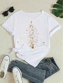 Christmas Graphic Tee Women's Casual Crewneck Short Sleeve T Shirt Gold Tree Print Holiday Party Tops Festive Daily Wear Soft Comfy Tunic Blouse - White - View 4