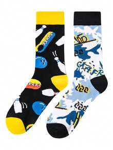 1 Pair Of Unisex Bowling-Themed AB Crew Socks - Asymmetric Design (Bowling Pattern & Graffiti Style), Stylish Black/Yellow/Blue Color Scheme, Fun Novelty Socks For Daily Leisure & Sports Gatherings, Ideal Gift For Bowling Enthusiasts, Year-Round Fashion Socks - Multicolor - View 8
