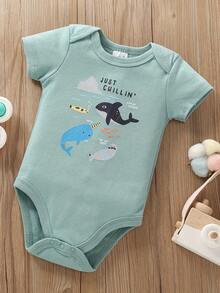 5-Piece Baby Triangle Jumpsuit, Cotton Ocean Whale Print For Boys, Baby Jumpsuit, Wrapped Bundle, Boy's Baby Clothes For Outdoor Use, Daily Home Wear. - 霧霾藍 - 查看 3