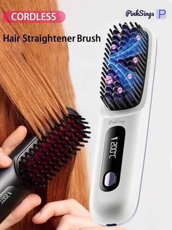 PinkSings Kabelloser Glättungsbürste mit LCD-Display, einstellbare Temperatur, tragbarer Mini-Haarglätter, Reiseessential, Negative Ionen Heißbürste, Styling-Haarstyling-Tool für Frauen, Verbrühschutz, Keramikbeschichtung
