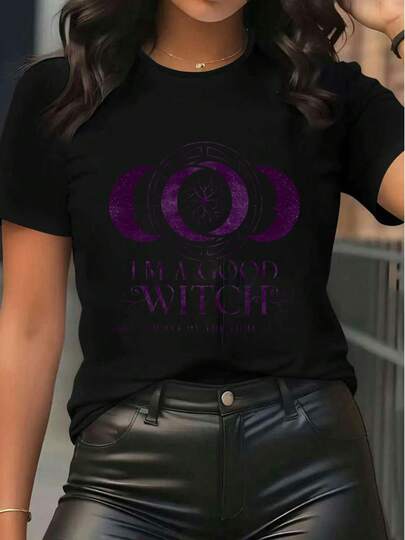 Witchy Aesthetic Graphic Tee Women's "I'M A GOOD WITCH MOST OF THE TIME" Moon Phase Print Short Sleeve T - Shirt Casual Halloween Festival Streetwear Top