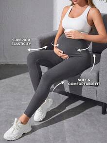 Maternity Solid Color High Waist Ribbed Skinny Casual Pants Spring - Dark Grey - View 3