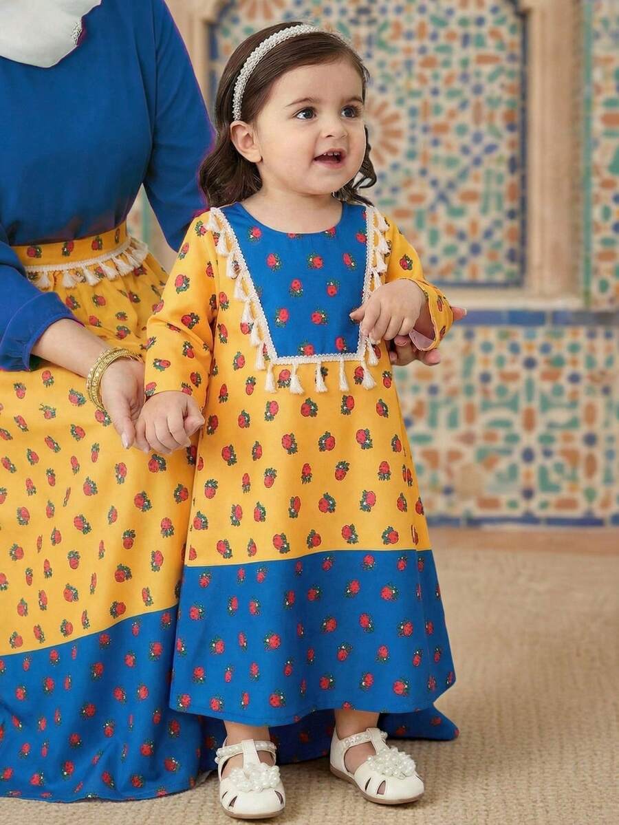 女婴V领套头衫，流苏边饰，撞色长袖休闲复古连衣裙，适合外出、居家和派对穿着 - 橘色 - 查看 1