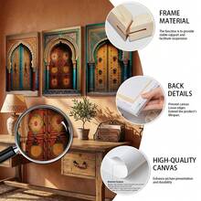 三联摩洛哥门框帆布墙画 - 三幅色彩鲜艳的伊斯兰图案帆布画，可选画框，波西米亚风格家居装饰，适合客厅和玄关，充满文化气息，现代风格，可用于卧室和休息室。