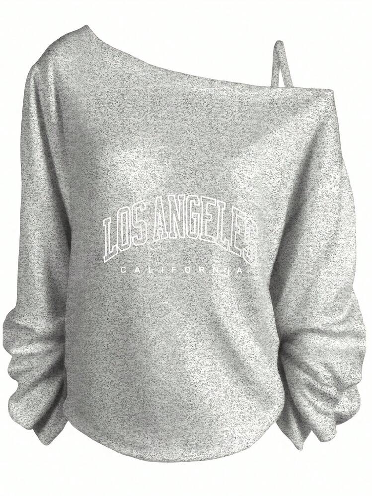 Summer Outfits, Los Angeles Graphic Text, Casual One Shoulder Long Sleeve Top,  Weekend Style-Club Outfits For Women, Going Out Tops, Holiday Party, Concert Outfit - Xám - Xem 1