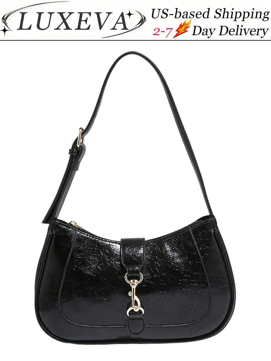 1pc Retro Minimalist Hook Decor Adjustable Shoulder Strap Crescent Shape Bag, Suitable For Date, Outing, Party, Burgundy Glossy Crescent Shoulder Bag With Gold Metal Buckle Vintage Tote, Commuter Date Bag For The Discerning, Small Capacity Lightweight Underarm Bag, Top Handle Versatile Casual Design, Spring/Summer Fashion Underarm Pouch With Adjustable Strap, Large Capacity For Everyday Use, Spacious Capacity, Street & Japanese Bag For Women, Y2K Perfect For Spring, Summer, Autumn & Winter, Suitable For Women, Students And Office Workers Commuting, Casual Use Of Small Bags, Suitable For Girls, Ladies, Students, Office Workers, Commuting, School Outfits, Burgundy Red, Fashionable Burgundy Bag, Retro Inspired Bag For Women------Valentine's Day, Valentines, Valentines Day, Bag Charm, Purse Charm, Bag Charms, Beach Accesories For Women, Beach, Beach Bag, Vacation Essentials, Airplane Travel Essentials, Cruise Essentials, Valentines Gift, Valentine's Day Gift [US-Based Shipping]. - 黑色 - 查看 1