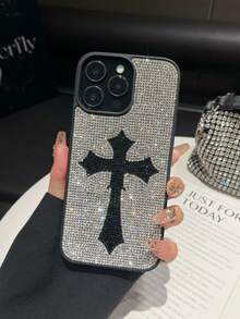1pc Luxury Rhinestone Cross Design 2-In-1 Shockproof Phone Case Compatible With IPhone 16 Pro Max/13/14 - Silver - View 5