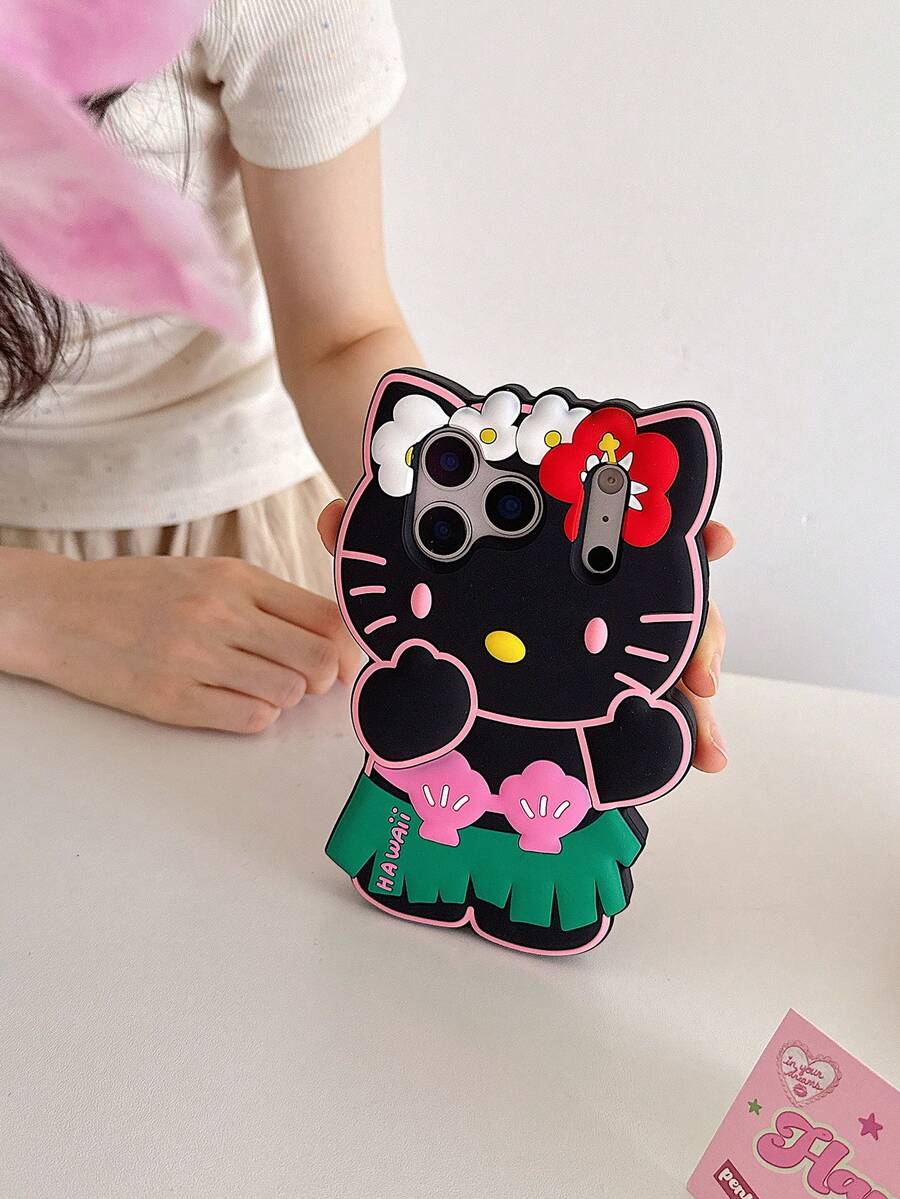 SANRIO 三丽鸥卡通可爱黑猫手机壳，兼容 17/16/15/14 Pro Max，13英寸苹果12英寸全包硅胶软壳，11英寸新款13 Pro Max防震保护套，14英寸夏威夷风格 - 黑色 - 查看 1