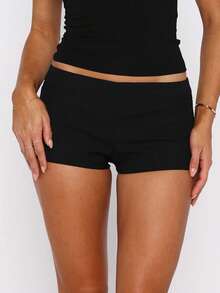 Women's Low Rise Elastic Waist Skinny Mini Shorts Y2k Solid Color Back Zipper Mini Micro Shorts Summer Party Club Going Out Shorts - 黑色 - 查看 1