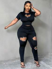 LovelyWholesale 大码女式纯色性感镂空水钻装饰情人节短袖上衣和裤子两件套黑色夏季优雅 - 黑色 - 查看 5