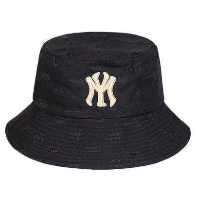 1pc Men's Reversible Solid & Letter Print Black Bucket Hat, Versatile Sun Protection Hat Suitable For Spring/Summer Casual Wear