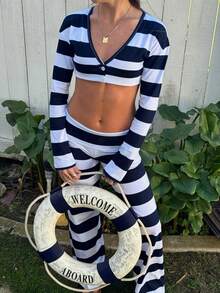 Women's Y2k Striped Button Down Crop Tops Deep V Neck Long Sleeve T Shirts Teen Girls Going Out Tops Club Streetwear - 黑色 - 查看 2