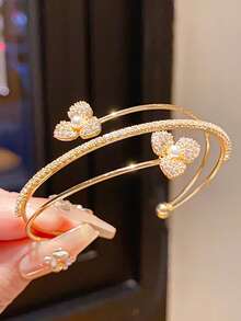 1 chiếc vòng tay hoa cỏ ba lá sang trọng, thời trang, nhiều lớp đính kim cương, vòng tay hở bằng đồng khảm kim cương thanh lịch, phù hợp cho phụ nữ đeo hàng ngày, dự tiệc, ngày lễ, hẹn hò, dự tiệc chiêu đãi, quà tặng Ngày Valentine, quà tặng Ngày của Mẹ, quà tặng kỷ niệm, quà tặng trang sức. - Vòng tay hở - Xem 4