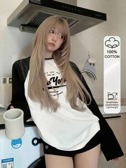 女士撞色插肩袖简约字母双面印花百搭叠穿宽松休闲日常通勤罗纹圆领长袖T恤 春季