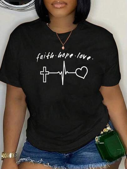 100% Cotton Faith Love Hope Cross Heartbeat Funny Positive Quote T-Shirt Short Sleeve Round Neck Casual Top For Summer & Spring, Women's Men's Graphic Tee