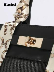 Bolso de mano tipo Kelly de moda con diseño de patchwork, bolso cuadrado pequeño con cierre de giro, bolso de hombro para ir al trabajo, bolso cruzado versátil, diseño de bloques de color vibrante, adecuado para ir al trabajo, citas, compras, ocio, vacaciones, festivales de música, fiestas - Negro - Ver 5