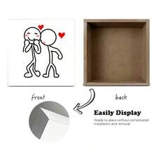 Cute Romantic White Rectangular Decorative Wooden Box With Simple Drawing Of Two Stick Figures (One Smiling Blushing With Playful Stance, One With Red Heart & Blush, Floating Red Hearts) For Loving Theme Display Or Gift - Simple Cute Style - 白色 - 查看 4