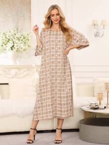 2026 New Style Elegant Embroidered Gold Beaded Arabic Dress, Ramadan Traditional Jalabia Dress With Round Neck & Mid-Sleeves - Beige - View 2