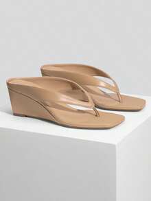 Athlefit Women's Low Wedge Sandals Square Toe Flip Flops Dressy Thong Heels Open Toe Summer Beach Sandals - 譚 - 查看 2