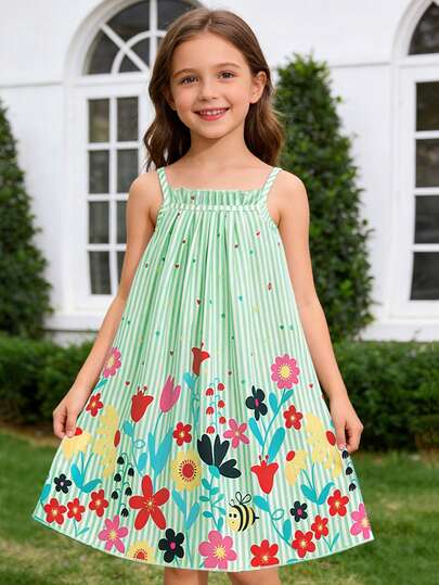 4-7岁女童简约吊带连衣裙，可爱碎花荷叶边下摆，适合玩耍、约会、学校活动、日常休闲穿着