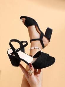 女士搭扣设计时尚日常穿搭高跟凉鞋 - 黑色 - 查看 3