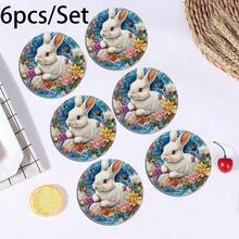 6pcs/Set Vintage Easter Rabbit & Egg Design Round Wooden Coasters/Placemats, Kitchen, Dining, Home Decor Accessories, Best Gift For Friends And Family On Easter, Back To School, Spring, Valentine's Day, Wedding Party - Multicolor Upgrade - View 11