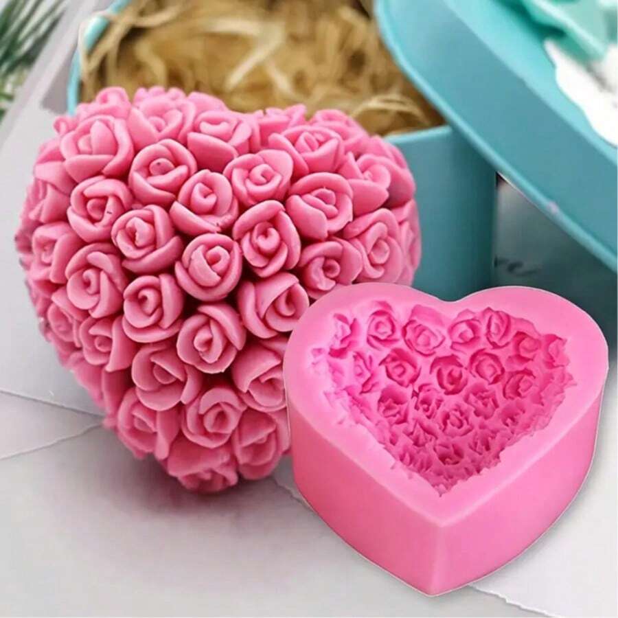 1 Stück Valentinstag Rose Blumen Silikonform, geeignet für Gips, duftende Kerzen, Seifenherstellung, Feiertags-Dekoration - Pink - Übersicht 1