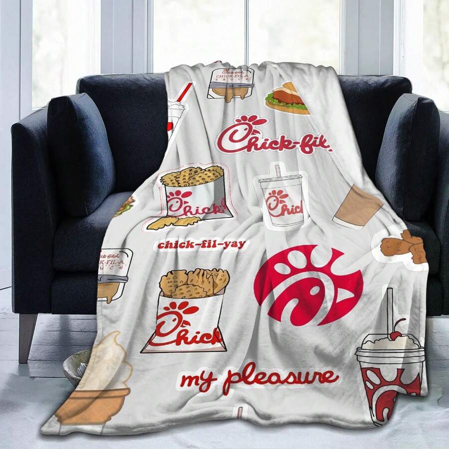 1 Piece Chick Fil-Ah Theme Ultra Soft Flannel Blanket - Comfortable All-Season Blanket With Signature Waffle Fries, Chicken Nuggets, Frosted Animal Prints, And "My Pleasure" Design, Soft Polyester Material, Suitable For Home, Office, Travel - Perfect Gift For Restaurant Fans (Fun Decoration) - 彩色 - 查看 1
