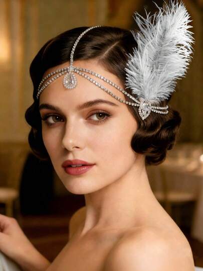 1 pieza Cadena de pelo con plumas, tocado con rhinestones, accesorio de pelo vintage para fiesta de baile individual