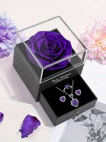 3件套心形永恒之爱项链、耳环和戒指套装，蓝紫色玫瑰优雅礼盒，是情人节、周年纪念日、生日、母亲节送给女友、母亲或自己的完美礼物，表达您的爱意。