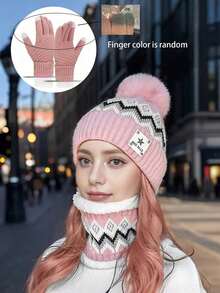 3-delars set: Stickad mössa med bokstavsmönster, fleecehalsduk och helfingervantar, varm vindtät stickad vintermössa för unisex, tjock fuzzyhalsduk och jacquardvantar, lämplig som julklappar - Multifärgad - Visa 14