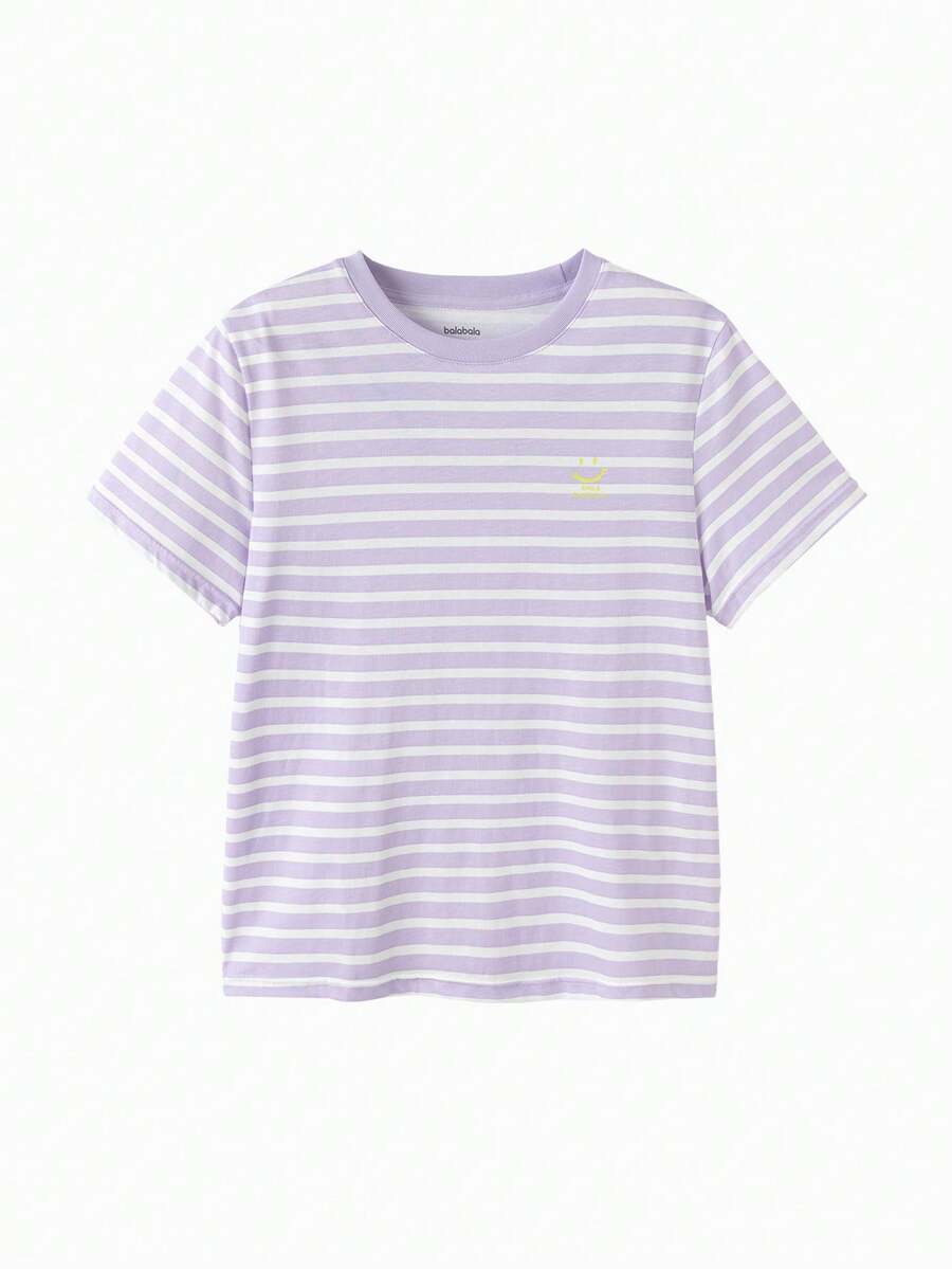 Balabala Unisex Striped Cotton Casual Top, Soft Fabric, Loose Fit, Comfortable T-Shirt - White Purple - View 1