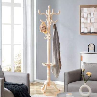 Ge ditt hem elegans: Mångsidig europeisk klädställning i krämvitt massivt trä – flera krokar, stabil, enkel att montera och med halkfria fötter.