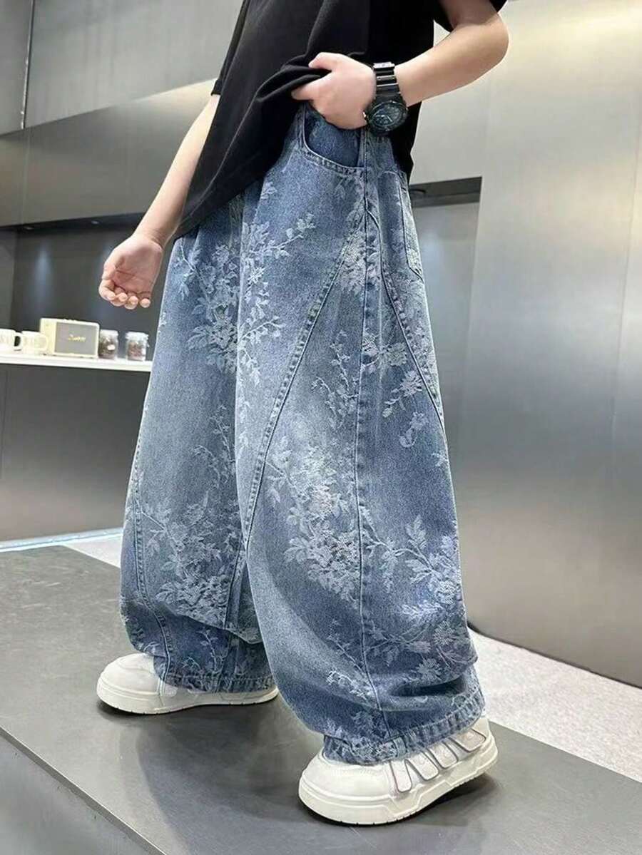 2026春秋新款提花牛仔裤，舒适休闲阔腿时尚男童款 - 中等水洗藍 - 查看 1