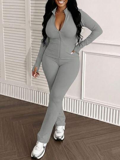 Conjunto de 2 piezas de talla grande para mujer con top ajustado de unicolor, chaqueta con cremallera y pantalones, de tela ligera, elástica y suave, adecuado para yoga