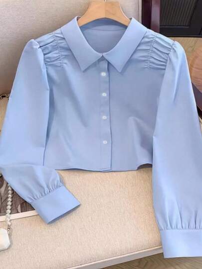 Women's Light Blue Woven Long Sleeve Shirt Blouse, Front Button Design, Regular Fit And Length, Suitable For Everyday Wear Spring