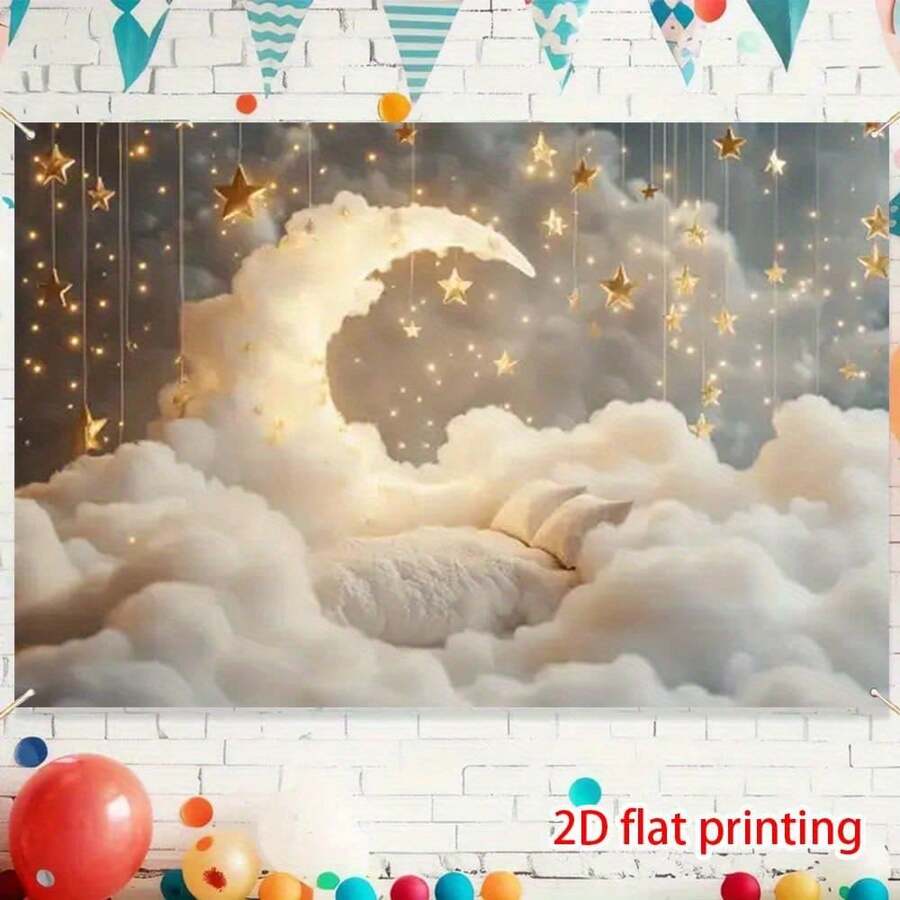 1pc Moon & Galaxy Party Backdrop Banner - 2D Flat Printed Polyester Decor, Suitable For Photography, Festivals, Birthdays, Weddings - No Electricity Needed, Easy Installation, Event Backdrop, Holiday Decoration, Dreamy Ambiance, Smooth Texture, 2D Flat - Multicolor - View 1