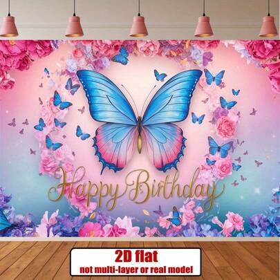 2D Flat, 1pc Floral And Butterfly Party Banner - Vibrant Pink Roses And Blue Butterflies Design, Polyester Wall Hanging, Perfect For Birthdays, Home And Room Decor, Ideal For Photo Props And Party Supplies, Birthday Party Decorations | Vibrant Wall Hanging | Durable Polyester, Butterfly Decor