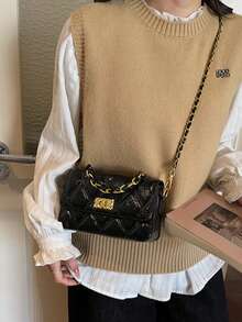 Fashionable High-Quality Quilted Embroidery Design Flap Metal Buckle Small Square Bag With Chain Strap, Elegant Shoulder/Crossbody Bag For Women - Black - View 7