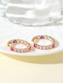1 đôi bông tai khoen tròn đính đá Zirconia màu hồng đỏ cầu vồng lấp lánh, sang trọng dành cho nữ, màu vàng kim, trang sức cưới/sinh nhật cho phụ nữ. - hoa tai - Xem 4