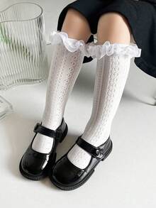 1 đôi tất lưới cao đến đầu gối cho bé gái, có viền ren và khoét lỗ, thích hợp làm tất đồng phục học sinh cho bé sơ sinh và trẻ nhỏ. - Nhiều màu - Xem 2